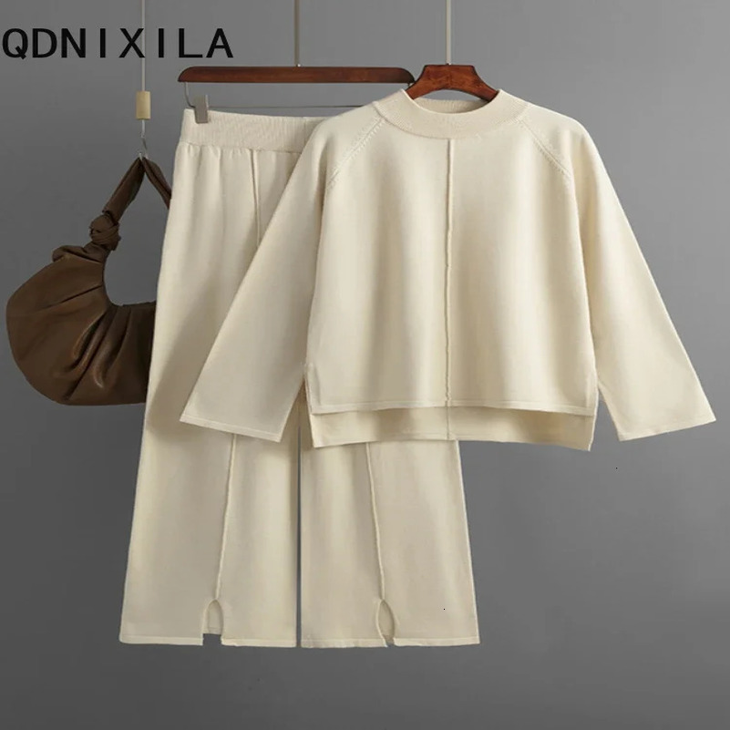 2-piece womens winter casual knitted track suit O-neck split sweater wide leg pants set womens knitted two-piece set 241010