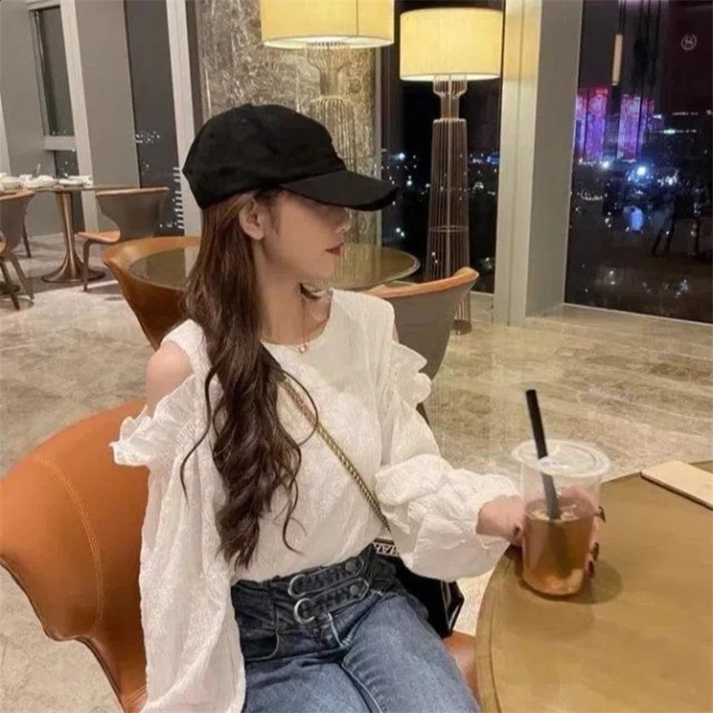 White Off Shoulder Loose Shirt for Women Spring Summer Long Sleeve Solid Hollow Out Korean Blouse Fashion Casual Clothing 240827