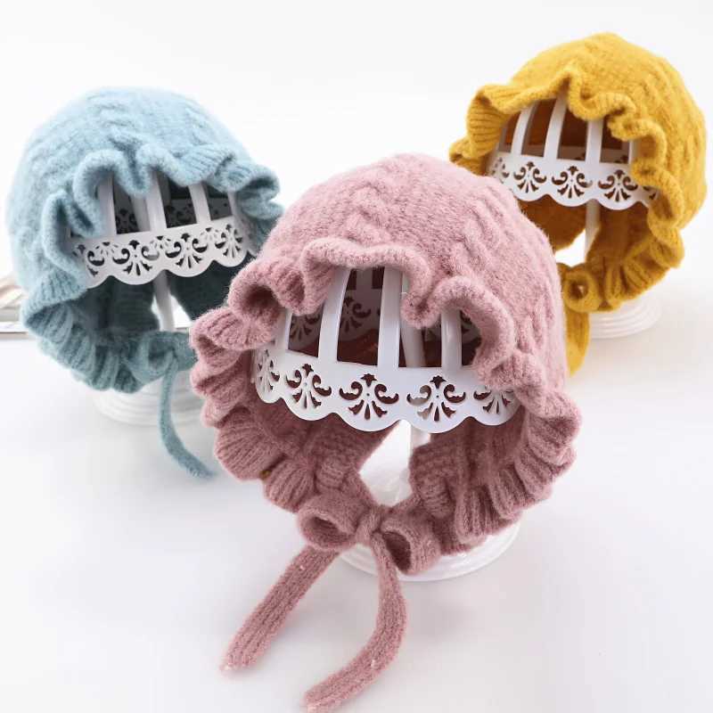 Winter Baby Girls Lace Ruffle Earflap Hat Toddler Warm Thicken Knitted Beanies Hat Infant Solid Ear Protection Caps Bonnet Z251029