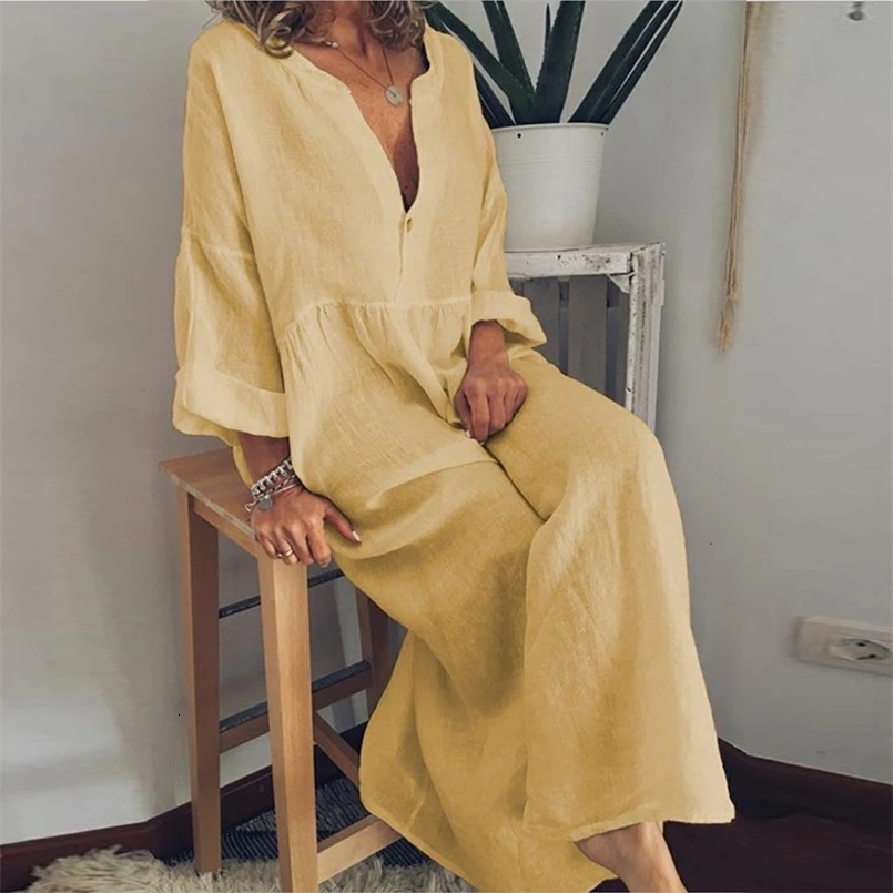 Holiday Casual Shirt Dress Women Solid Color Long Sleeve V-neck Loose Cotton Linen Midi Dress Summer Thin Weekend Street Dresses 250322