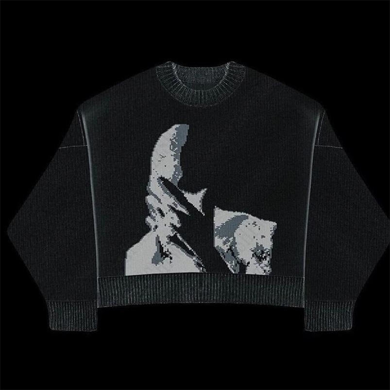 Y2k Knitted Sweater White Black Woman Character Pattern Loose Retro Loose Knit Sweater Jacket Fashion Womens Winter Sweater 240821