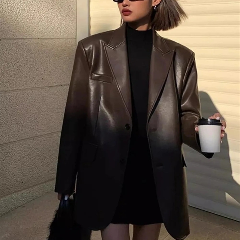 Womens Black Brown Soft PU Leather Blazer Shoulder Pads Long Sleeve Single Breasted Loose Casual Jacket Tops Korean Fashion Coat 240826
