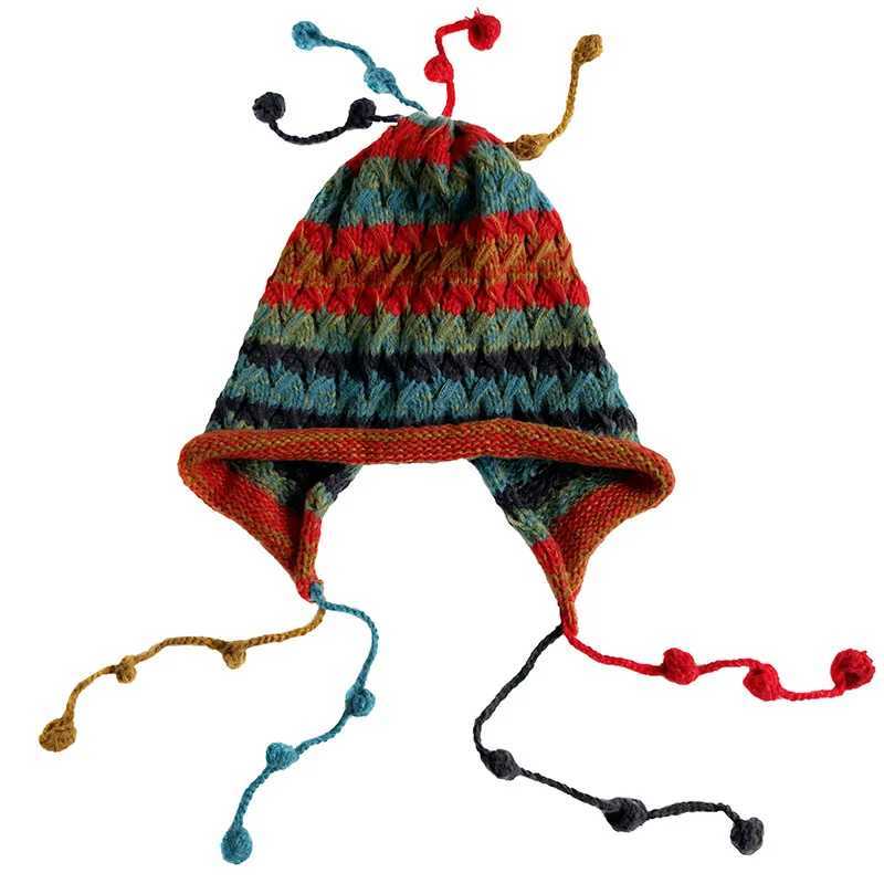 Korean Version Colored Ball Ear Protector Knitted Hat Wool Blend Beanie Women Fall Winter Retro Personalized Laceup Fringed Cap Z251029