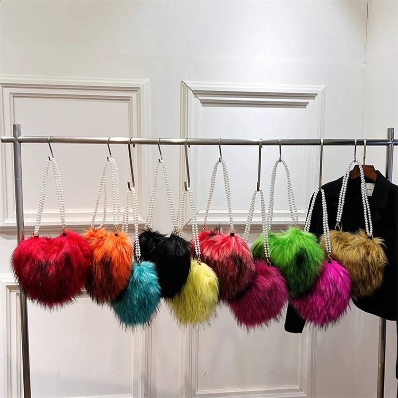 10 Color Soft Plush Bag Women Retro Pearl Chain Crossbody Bag Faux Fur Evening Clutch Bag Handbag Red Heart Bag Purse 240909