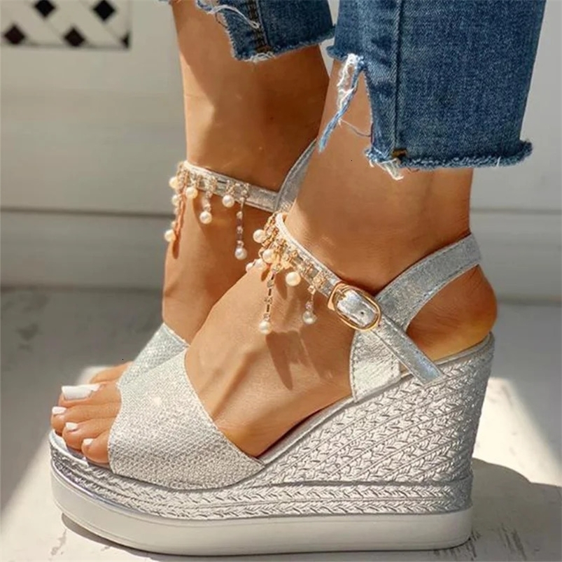 Women Wedge Sandals Summer Bead Studded Detail Platform Sandals Buckle Strap Peep Toe Thick Bottom Casual Shoes Ladies 240528