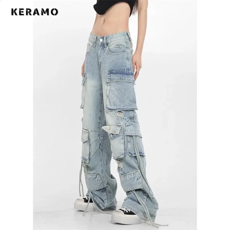 Casual High Waist High Street Style Blue Straight Jeans Vintage Pockets Lace-up Pants Womens Wide Leg Baggy Y2K Denim Trouser 240822