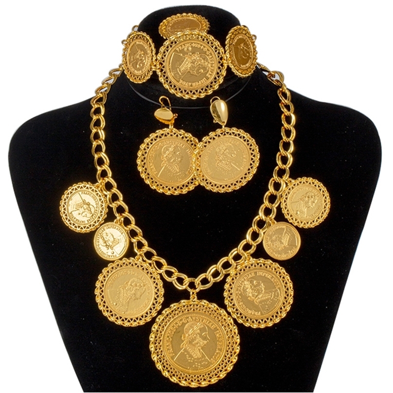 Bracelet Earrings Necklace Coin Necklace/Earrings/Rings/Bracelets Dubai Women's Jewelry Set Gold Coin Arab/African Bride Wedding Gift 230711