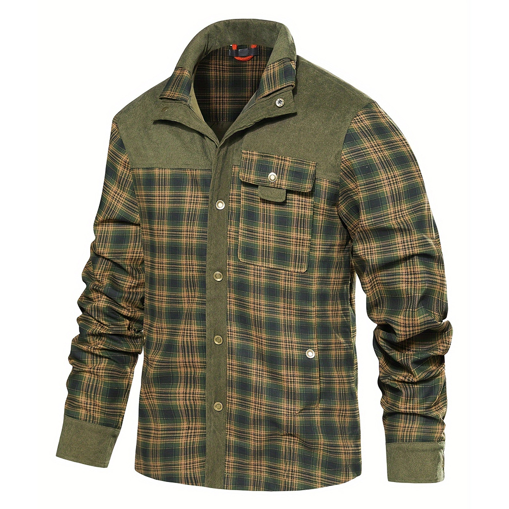 Men's Plaid Shirt Corduroy Spring and Autumn Cotton Jacket Shirt Casual Long-sleeved Button Shirt Coat with Pockets
