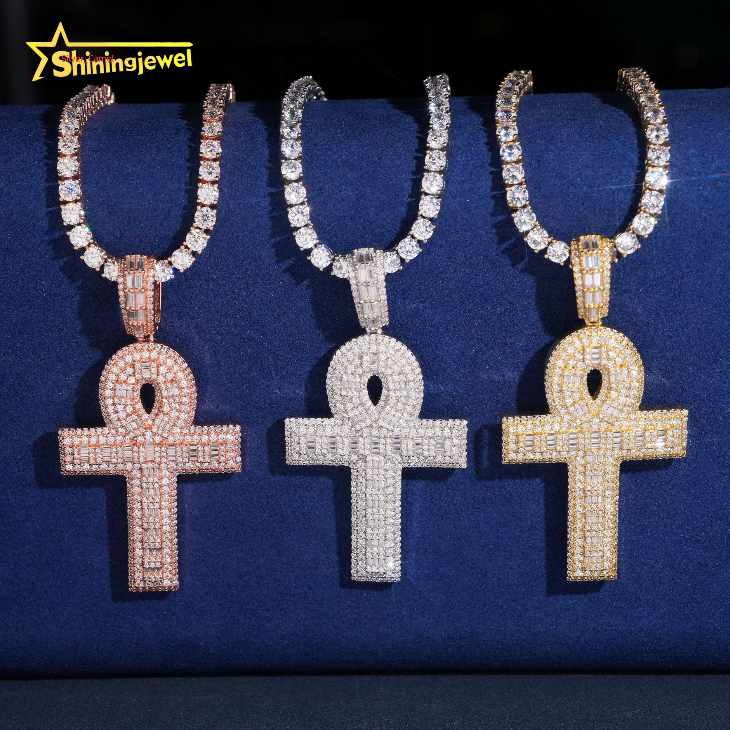 Hip Hop Iced Out 925 Sterling Silver Gold Plated Charm Pendant Pass Diamond Test Baguette Moissanite Cross Pendant 2025