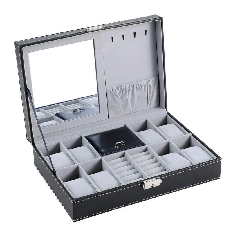 Watch Boxes Cases Lnofxas Watch Box 8 Jewelry Box Watch Display Case Organizer Jewelry Trey Storage Box Black PU Leather with Mirror and Lock 231128