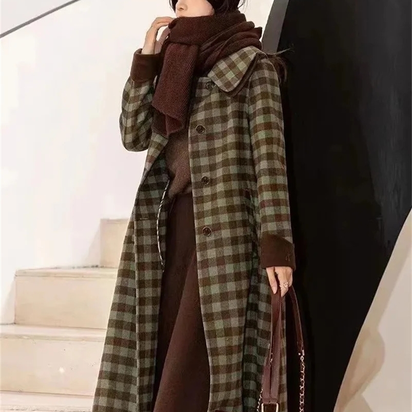 Woolen Coat Womens Autumn and Winter Suit Coat Medium length Loose and Slim Plaid Pattern Woolen Top Plaid 240822