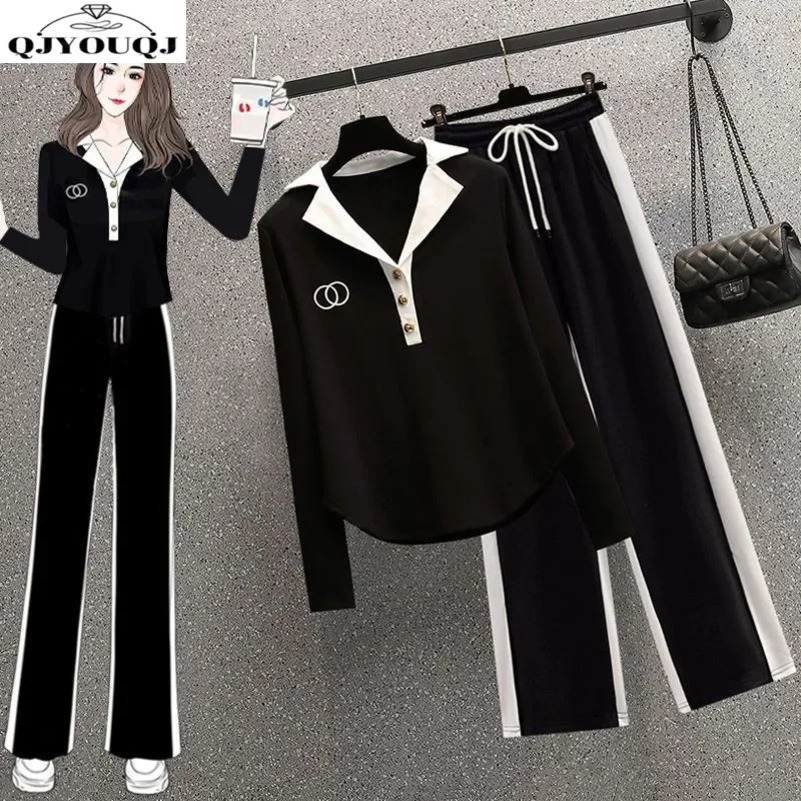 Womens Spring/Summer Korean Edition Weight Loss Polo Necklace Age Reduction Long Sleeve Casual Pants Two Piece Set 241010