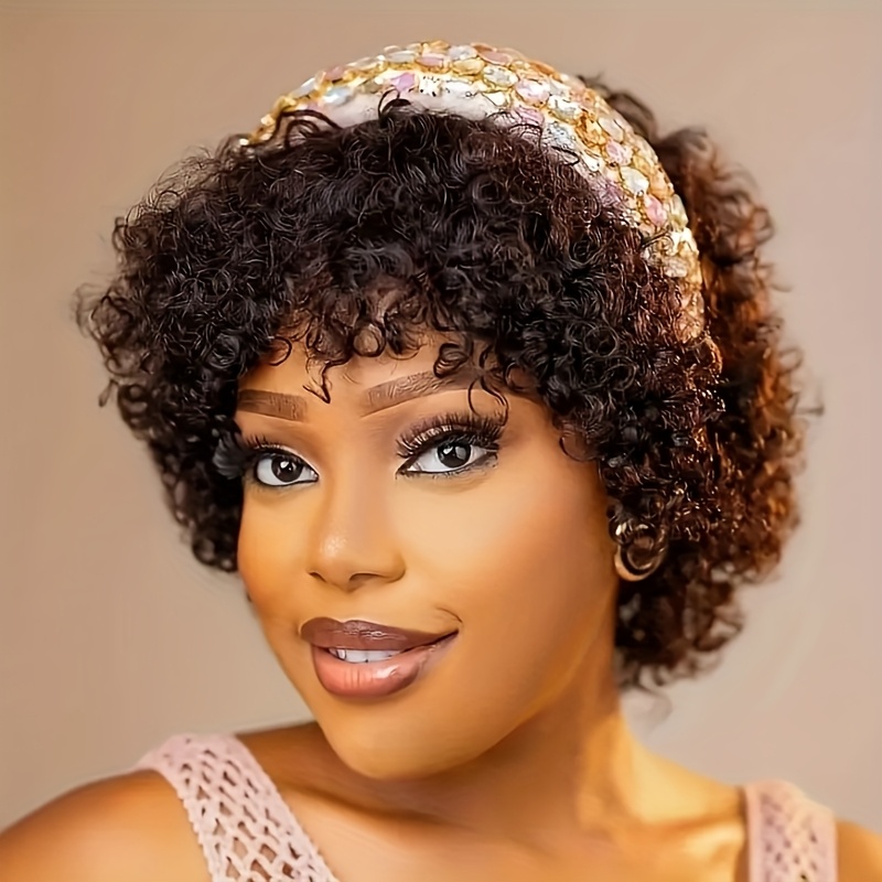 Women's Afro Kinky Curly Pixie Cut Human Hair Wig Natural Black High Density 180% for Everyday Special Events Lightweight Flattering Fit