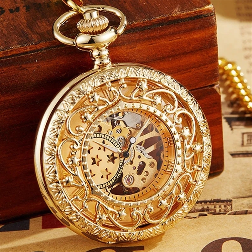 Retro Hollow Mechanical Pocket Watch With FOB Chain Gold Stars Skeleton Steampunk Vintage Mens Womens Hand Winding Pocket Watch 240626