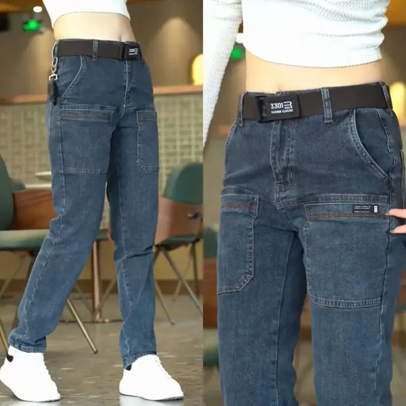 Korea Fashion Men Jeans Cargo Denim Pants Casual Blue Gray Pocket Denim Pants Straight Jean Womens Streetwear 250116