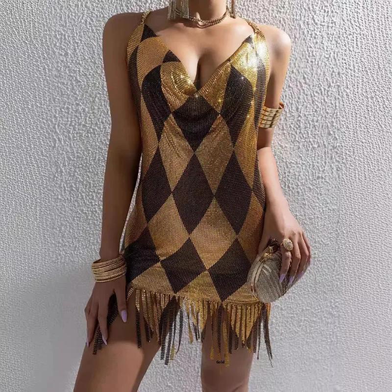 Casual Dresses Sexy Metal Splice Backless Fashion Women's Dress Mini Skirt V-neck Sleeveless L22593 Cross-border Summer Arrival