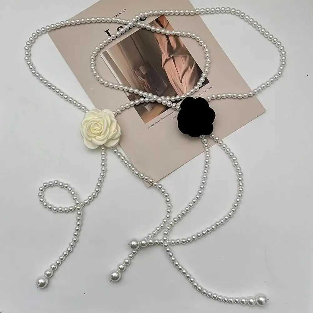 Fashion Women Waist Chain Elegany Camellia Decor Faux Pearl Belt Floral Design Single Layer Adjustable Waist Belt Outfit Accessories1 D250923
