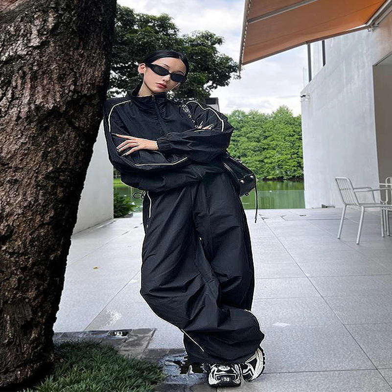 HOUZHOU Sports Two piece Suit Womens High Street Sport Track Jacket Loose Sports Pants Womens Outdoor Jogger Tracksuit Womens 241010