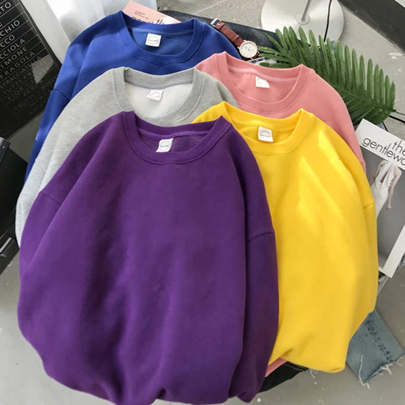 Woman Solid Color O-Neck Sweatshirt Casual Loose Fit Hoodie Harajuku Aesthetic Streetwear Velvet Pullover White Tops Korean Pop 250113