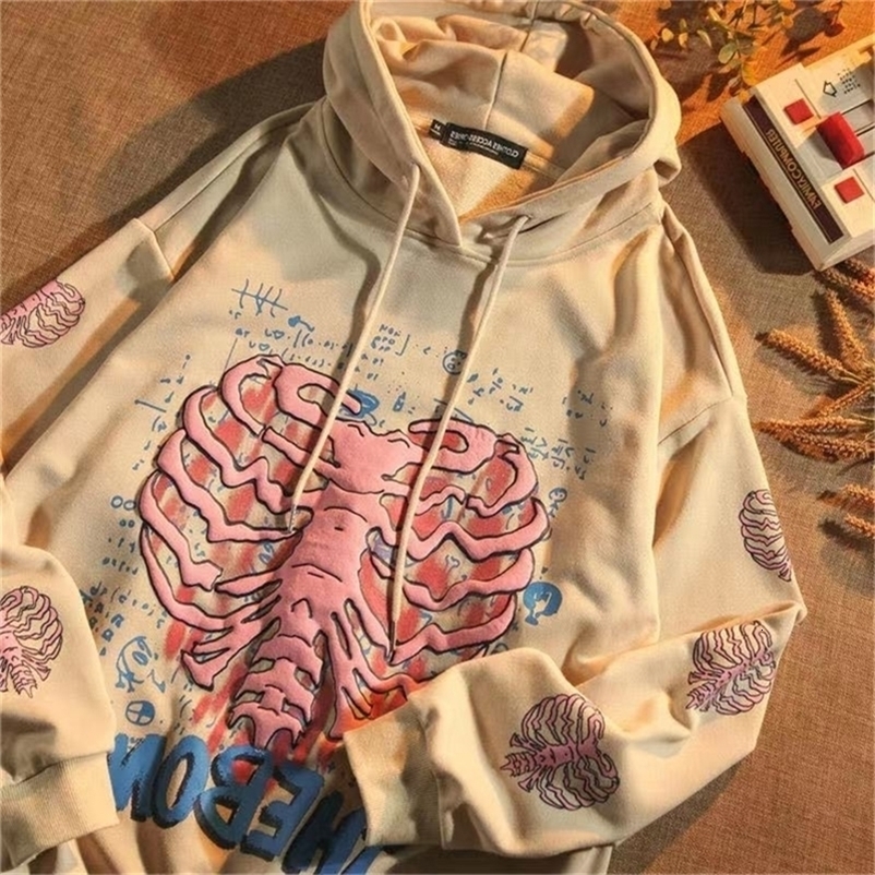 Grunge Oversized Goth Hoodie Streetwear Womens Spring Khaki Y2K Tops Skull print hip-hop Female Sweatshirts Kawaii Hoodies 220817