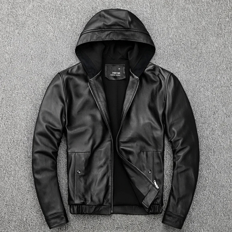 Mens Hooded Leather Jacket 100% Genuine Sheepskin Motorcycle Black Coat Male Hoodies Clothes Spring Hat Leather Jacket Men 250213