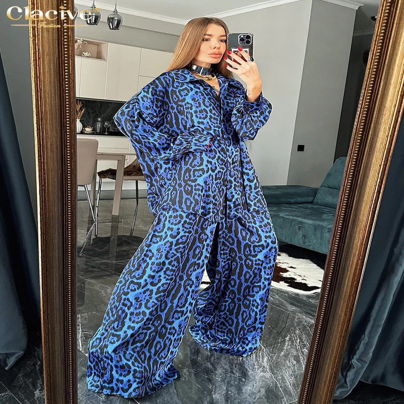 Clacive Fashion loose print womens two-piece dress elegant lapel long sleeved shirt high waisted pants set womens clothing 241010