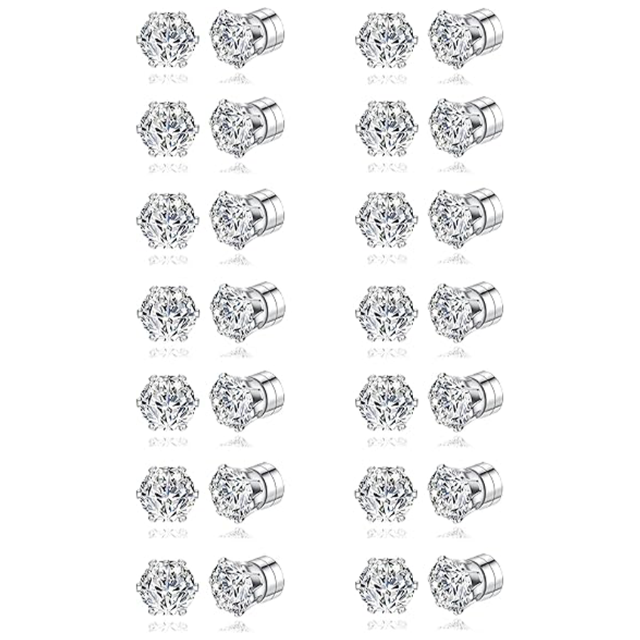 14 Pairs Magnetic Stud Earrings White Cubic Zirconia Clip on Earrings Set Non-Piercing Fake Earring Jewelry for Women Men 4MM