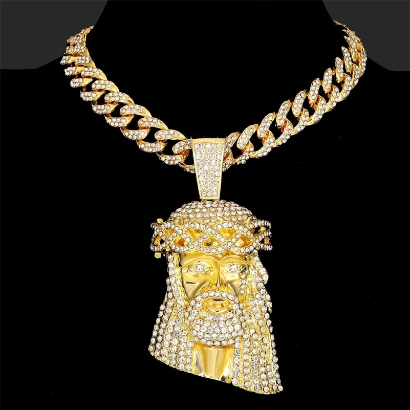 Iced Out Jesus Christ Head Charm Pendant Rhinestone Necklace With 13mm Miami Cuban Link Chain Hip Hop Style For Men Women Gift 250313