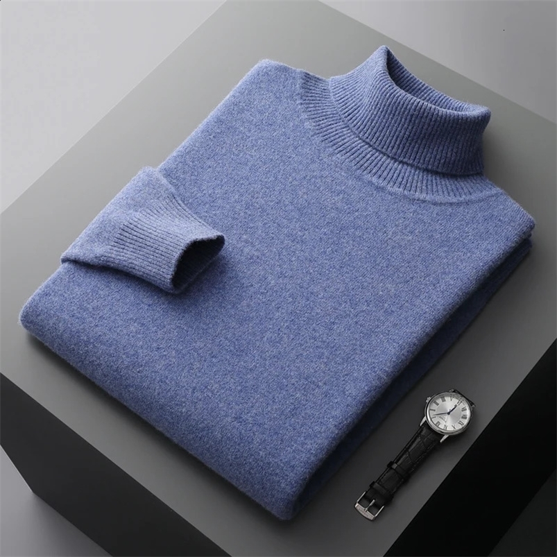 Autumn and winter 100% pure merino wool pullover mens turtleneck cashmere sweater thickened warm loose solid color top 240821