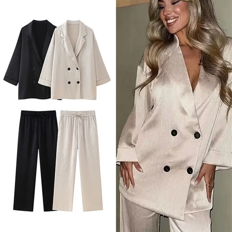 Solid Double Breasted Blazer Suit Women Fashion Satin Turndown Collar Long Sleeve Loose Trousers Sets Female Summer Street 240826