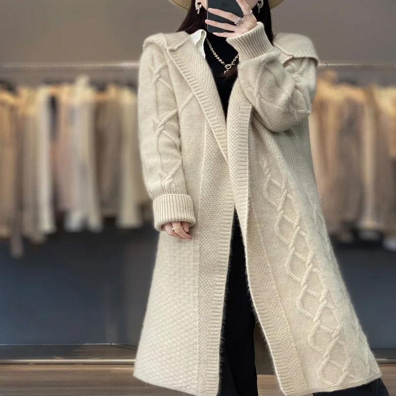 Autumn Winter 100% Merino Wool Womens Cardigan Long Sleeve Sweater Coat Loose Warm Cashmere Knitwear Fashion Female Long Coat 250121
