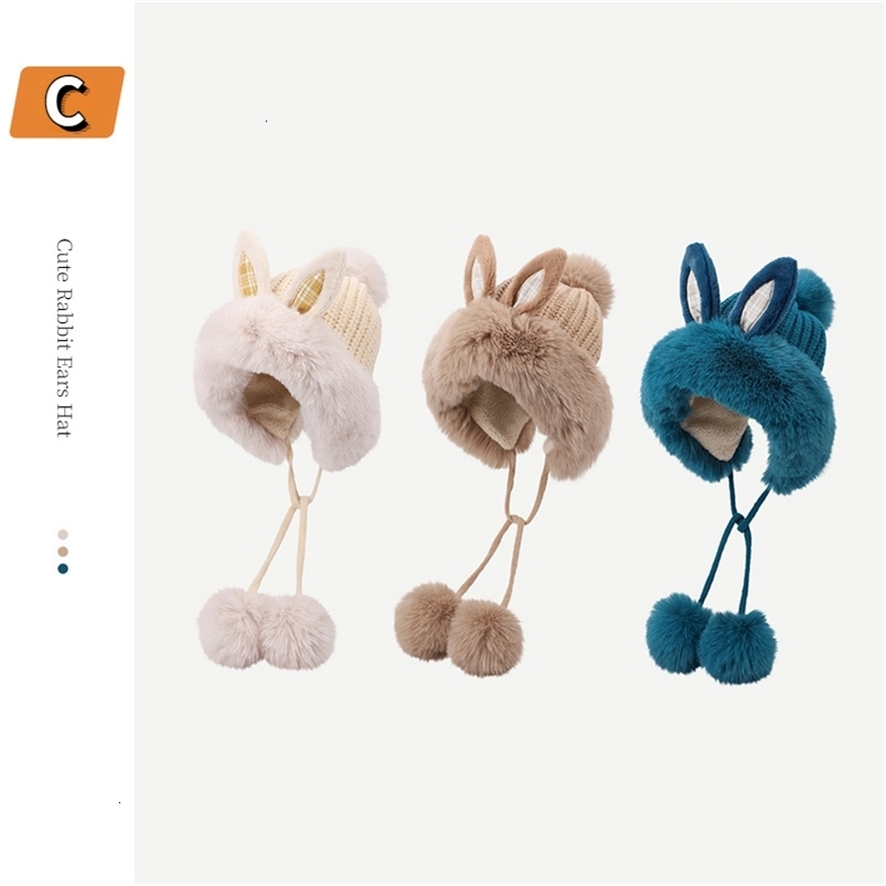 Wide Brim Hats Bucket Hats Korean Version Cute Rabbit Ear Winter Ear Protection Hat for Girls Sweet Princess Warm and Cold Resistant Plush Lei Feng Ha