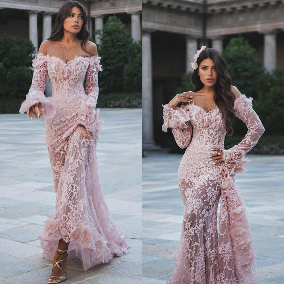 Elegant Lace Mermaid Evening Gown Fashion Off The Shoulder Full Sleeve Prom Dress Side Train Party Gown Customized