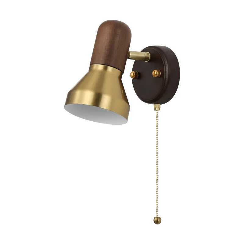 Retro LED solid wood wall lamp with zipper switch living room aisle bedroom bedside lamp with adjustable angle reading lighting C251124