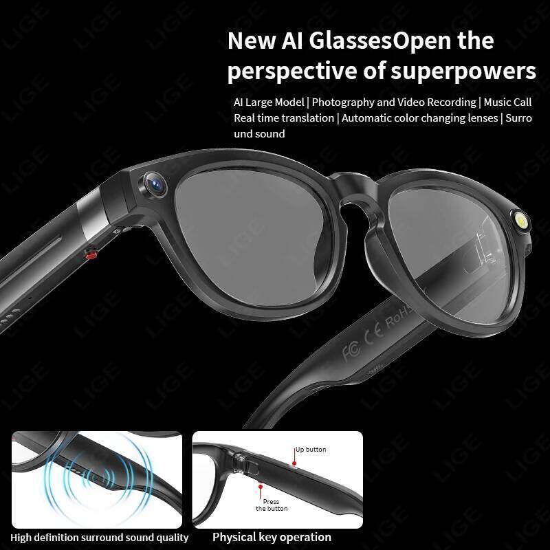 LIGE Smart 800W HD Camera Video Recording Glass Bluetooth Call 290Mah Battery Voice Assistant AI Glasses For Android Ios