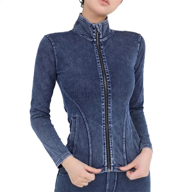 Womens Full Zip Athletic Yoga Jacket Stretch Denim Coat Workout Running Track Sportwear Slim Fit Long Sleeve Gym Top 240827