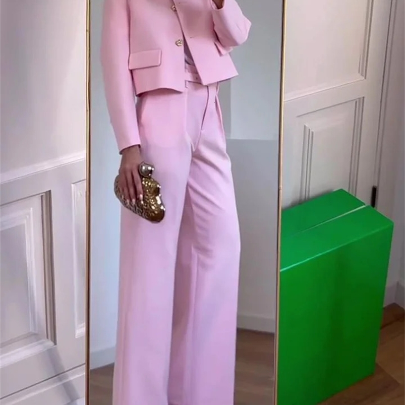 TRAFZA Vintage Chic Office Lady Pink Solid Women Suit Pockets Blazer Belt Straight Loose Pants Fashion Office Lady Set 240826