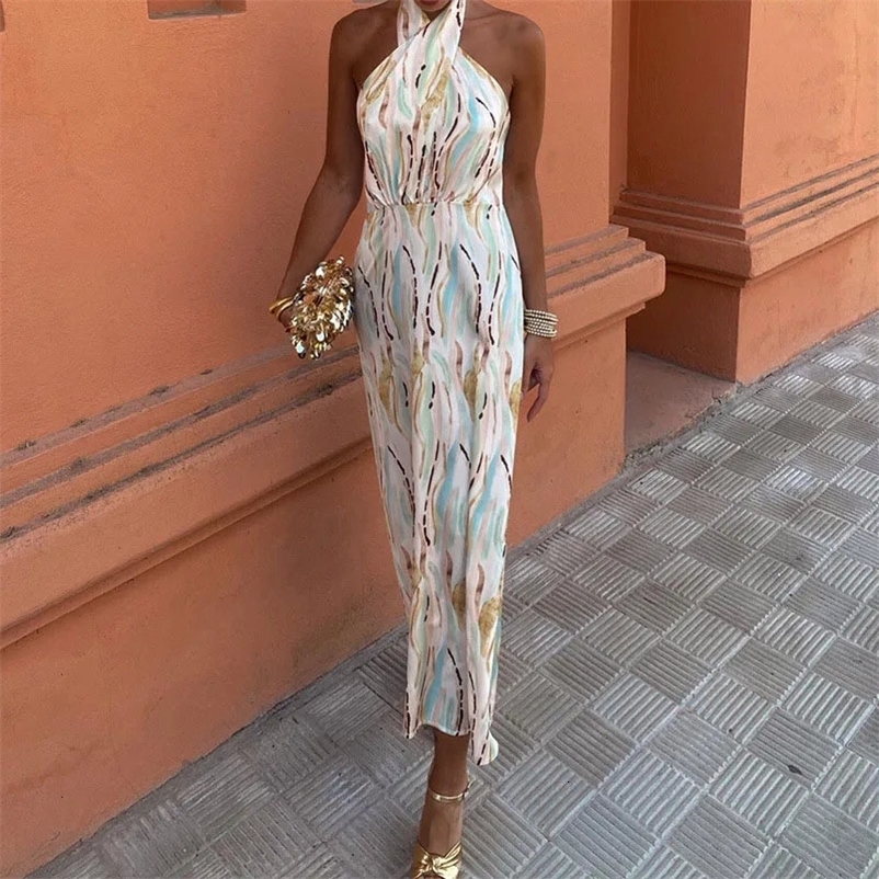 Sexy Ladies Halter Hollow Print Long Dress Summer Off Shoulder High Waist Party Dress Casual Bohemian Backless Beach Dresses 240529