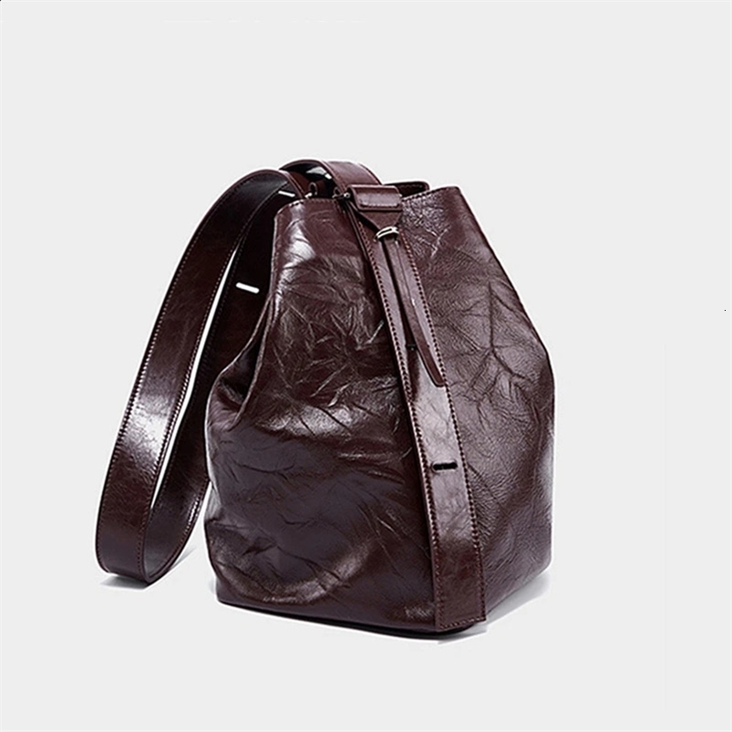 Hifashion Genuine Leather Bucket Crossbody Bags For Women Trend er Underarm Shoulder Bags Pleated Ladies Handbags 240909