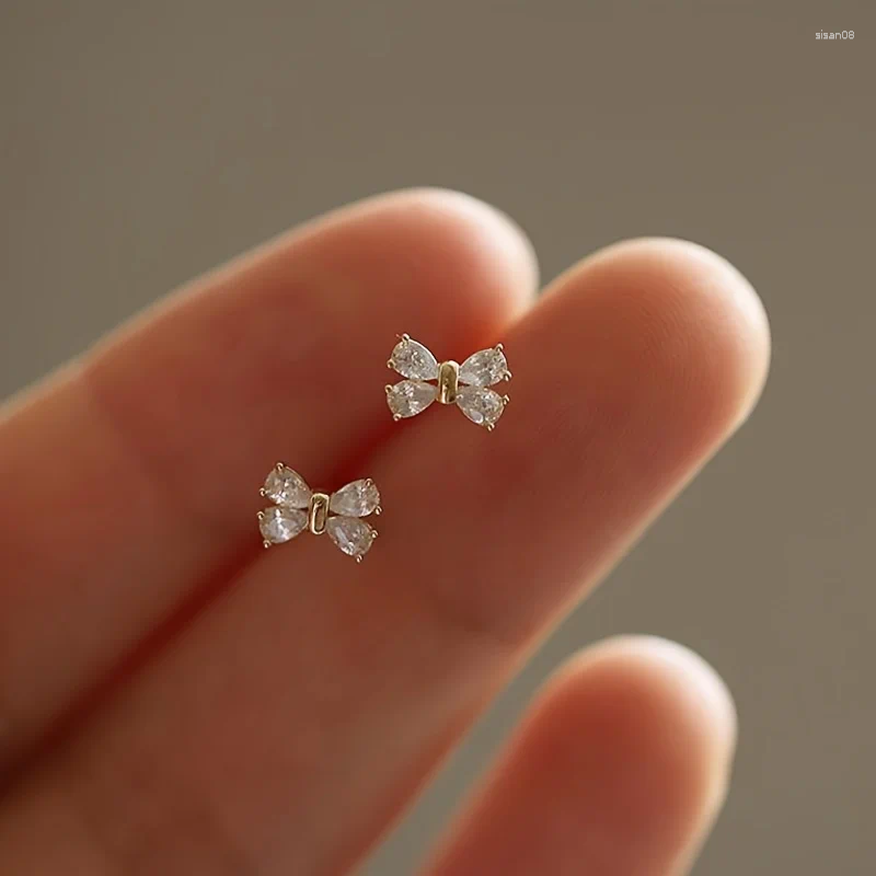 Stud Earrings Silver Needle Simple Small Bowknot Cubic Zirconia Minimalist Gift For Her Jewelry Accessories Gifts