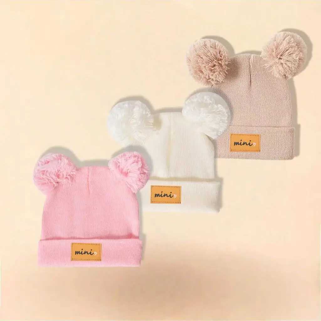 3PC Double Ball Childrens solid color 16Y cute baby knitted cap Acrylic autumn and winter cap Z251029