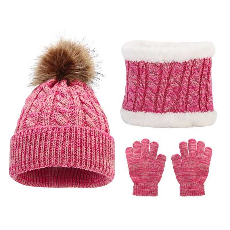 3pc312Y childrens cap scarf gloves autumn and winter threepiece set warm and fluffy scarf mixedcolor cap Z251029