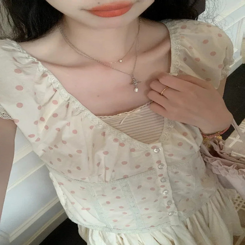 French Kawaii Polka Dot Puff Sleeve Lace Shirts Women Summer n Sense Sweet Shirt Patchwork Loose Bow Slimming Tops Trendy 250417