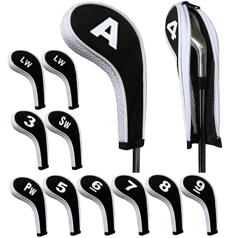 High Quality 12Pcs Rubber Neoprene Golf Head Cover Club Iron Putter Protect Set Number Printed with Zipper Long Neck 240122