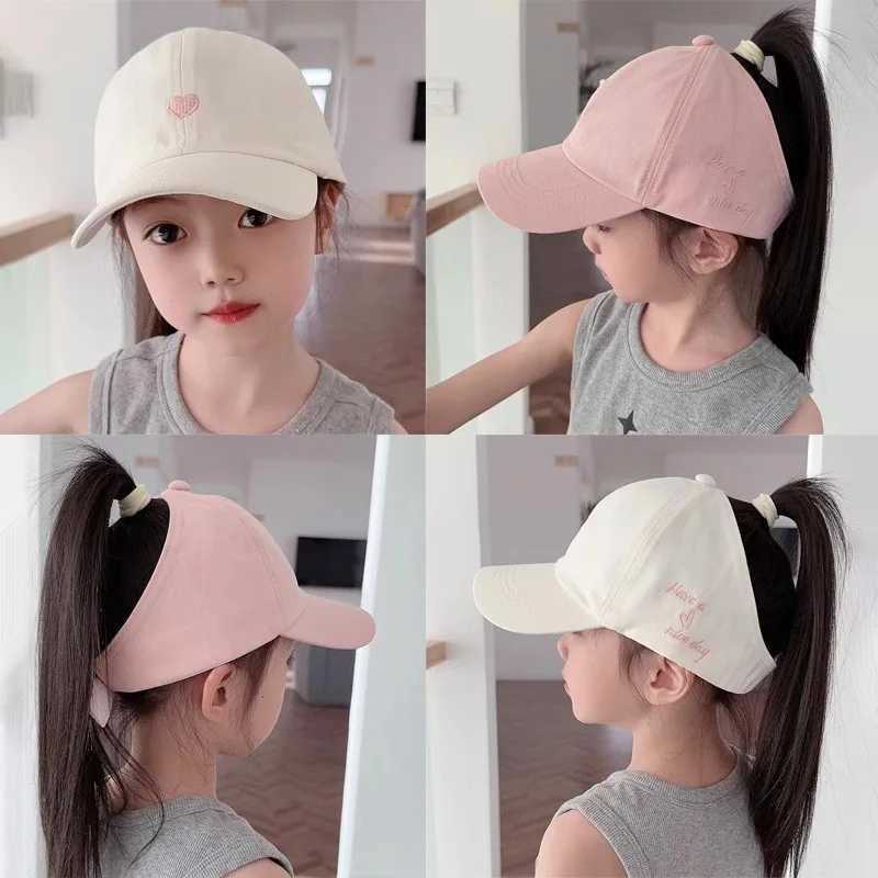 Embroidery Heart Kids Empty Top Hats Korean Girl Summer Sunshade Ponytail Baseball Caps Solid Color Outdoor Children Sun Hats Z251029