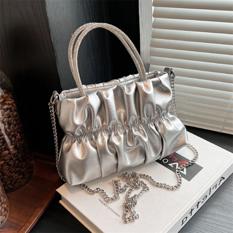 Evening Bags Korean Fashion Pleated Chain Silver Quilted Women Underarm Shoulder Side Bag Crossbody Bag Handbag Y2K with Mental Handle 230826