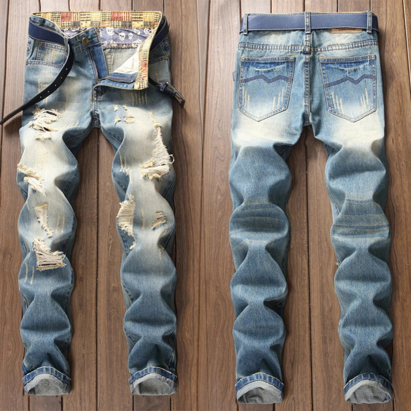 Denim Jeans Retro Straight Plus Size Casual Destroy n Mens Trendy Pants Hole Destroy Beggars Trousers Male 250116