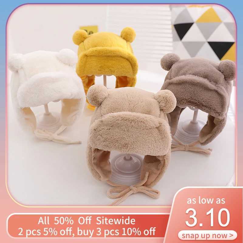Cute Bear Baby Ear Protection Beanies Infant Plush Earflaps Cap Soft Furry Winter Warm Hat Kids Girl Boy Soild Bonnet Fit 8M3Y Z251029