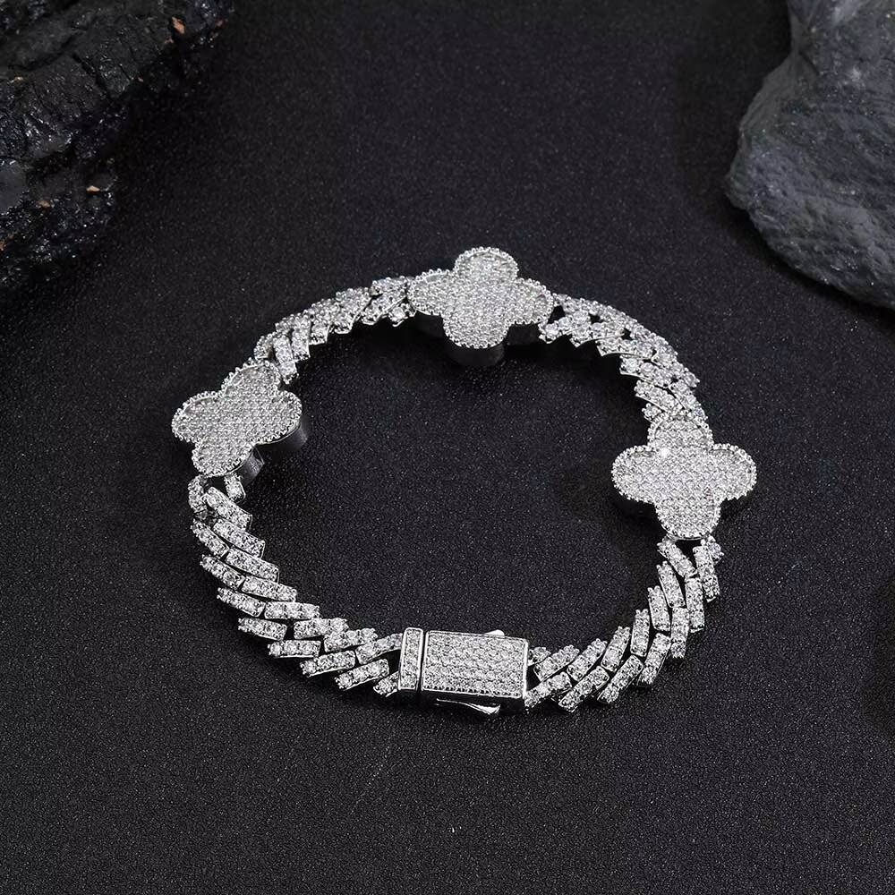 Lucky Four Leaf Clover Cuban Link Chain Single Row Diamond Prong Cuban Link Chain Necklace for Women Jewelry