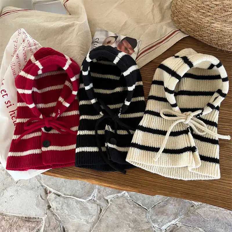 Winter Knitted Kids Hooded Beanie Fashion Striped Girls Boys Balaclava Hat Children Windproof Warm One Piece Scarf Cap Z251029